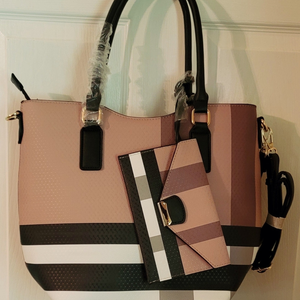 Large Gold Tone Belted Plaid Purse and Envelope Style Wallet Set